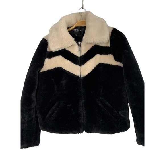 Guess Plush Teddy Cozy  Womens S Black & Beige Faux Fur Jacket Zip Crop RV10318 - Picture 9 of 12